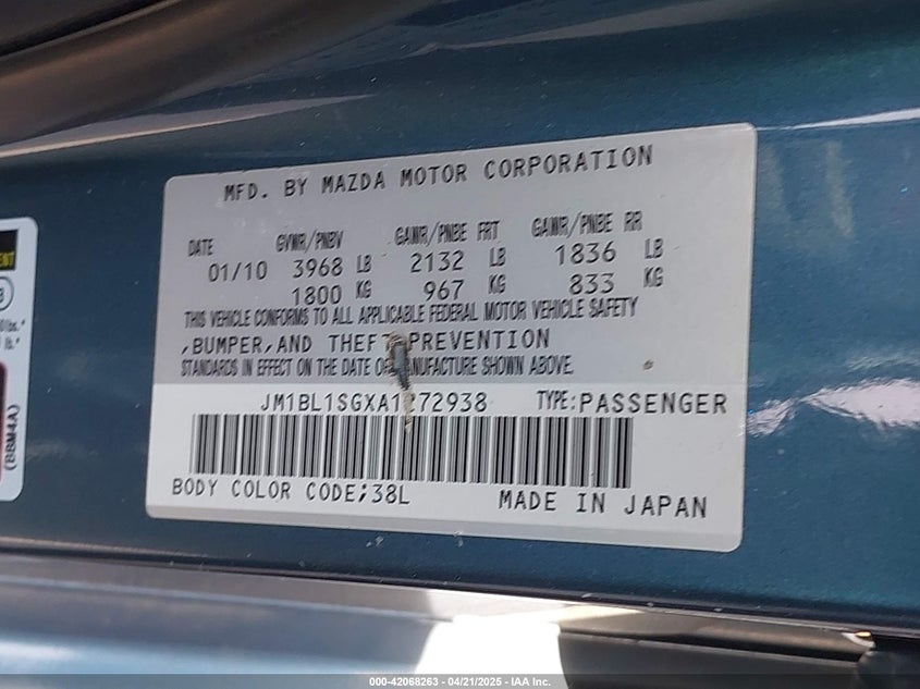 2010 MAZDA 3 VIN: JM1BL1SGXA1272938