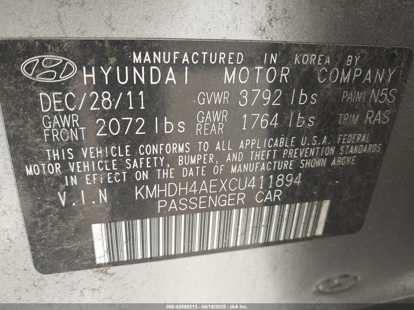 2012 HYUNDAI ELANTRA VIN: KMHDH4AEXCU411894