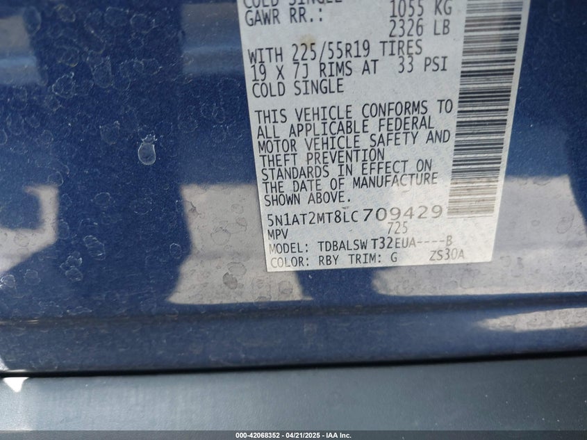 2020 NISSAN ROGUE VIN: 5N1AT2MT8LC709429