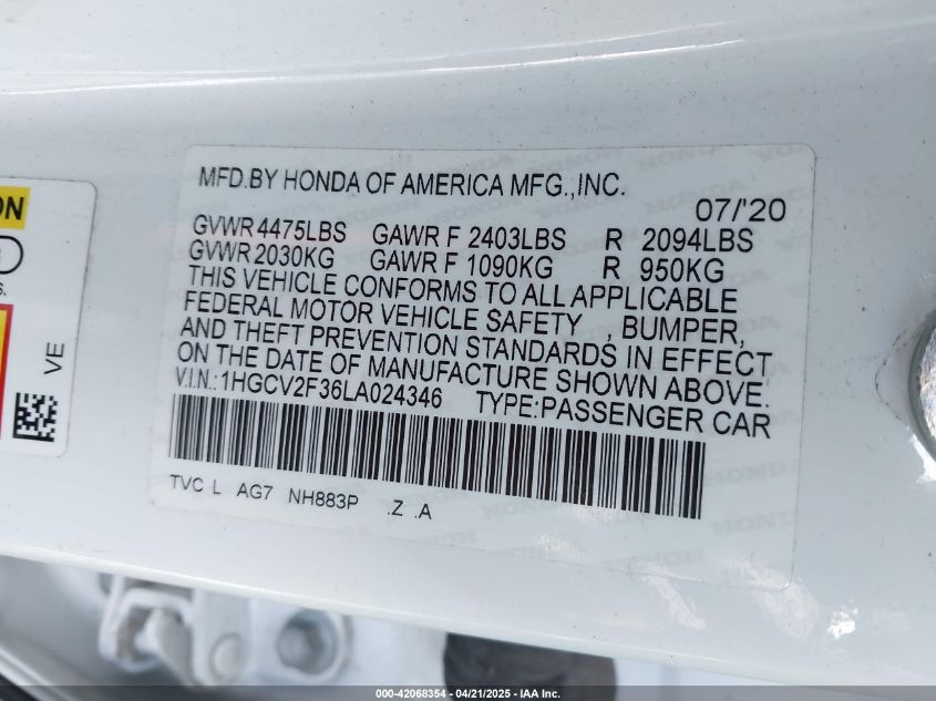 2020 Honda Accord Sport 2.0T VIN: 1HGCV2F36LA024346 Lot: 42068354