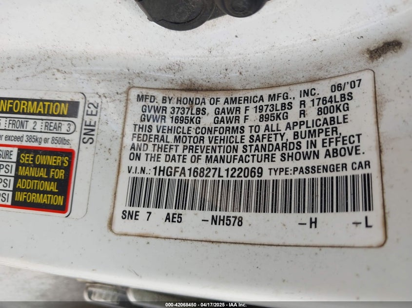 2007 HONDA CIVIC VIN: 1HGFA16827L122069