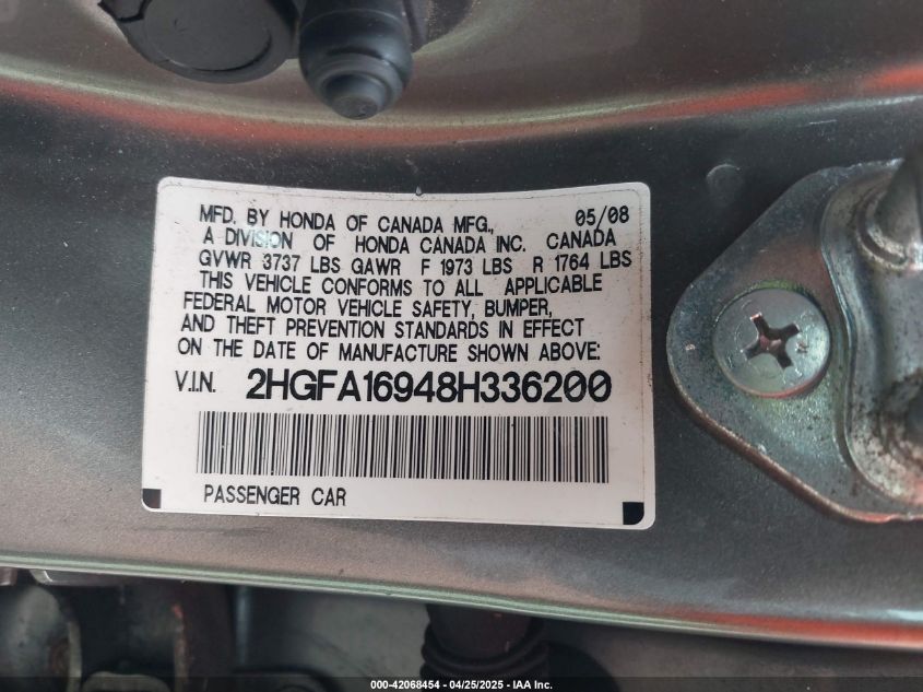 2008 Honda Civic Ex-L VIN: 2HGFA16948H336200 Lot: 42068454