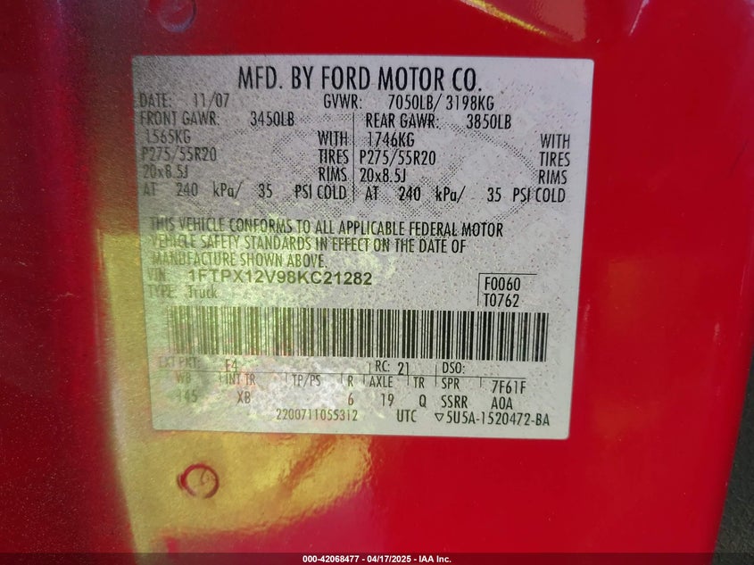 2008 FORD F-150 VIN: 1FTPX12V98KC21282