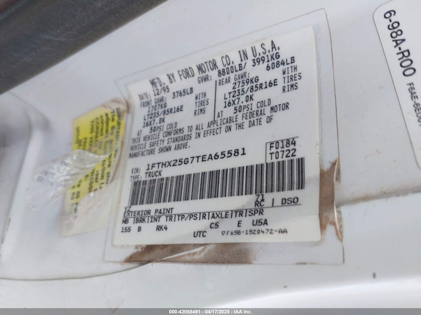 1996 Ford F250 VIN: 1FTHX25G7TEA65581 Lot: 42068491