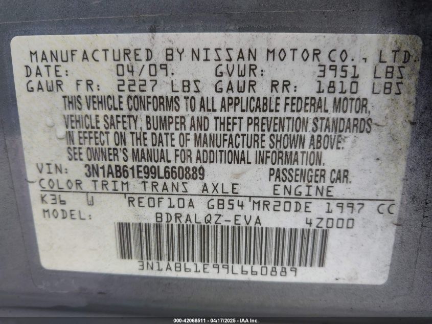 2009 Nissan Sentra 2.0 VIN: 3N1AB61E99L660889 Lot: 42068511