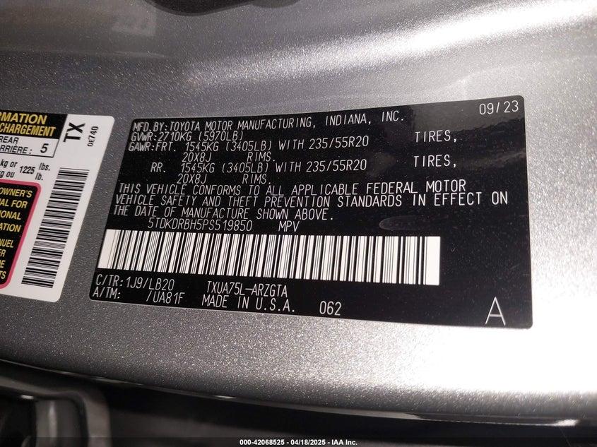 2023 TOYOTA HIGHLANDER VIN: 5TDKDRBH5PS519850