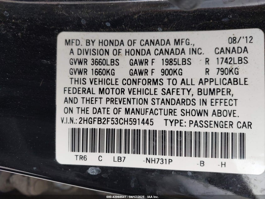2012 HONDA CIVIC VIN: 2HGFB2F53CH591445