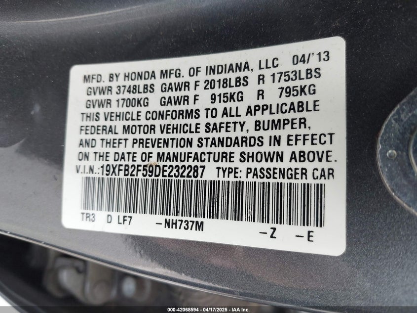 2013 HONDA CIVIC VIN: 19XFB2F59DE232287