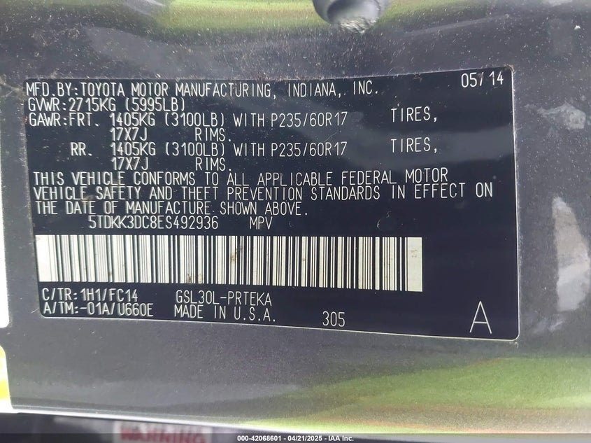 2014 TOYOTA SIENNA VIN: 5TDKK3DC8ES492936
