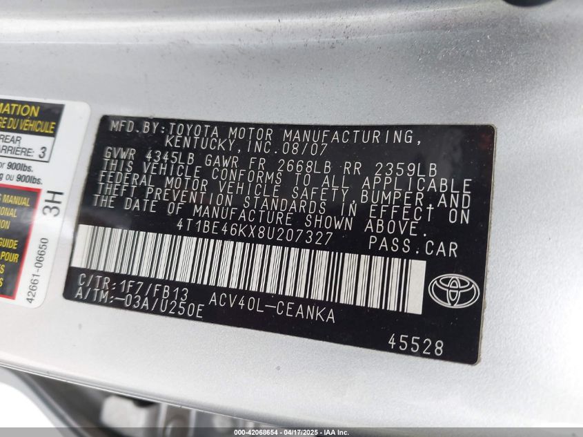 2008 Toyota Camry Le VIN: 4T1BE46KX8U207327 Lot: 42068654