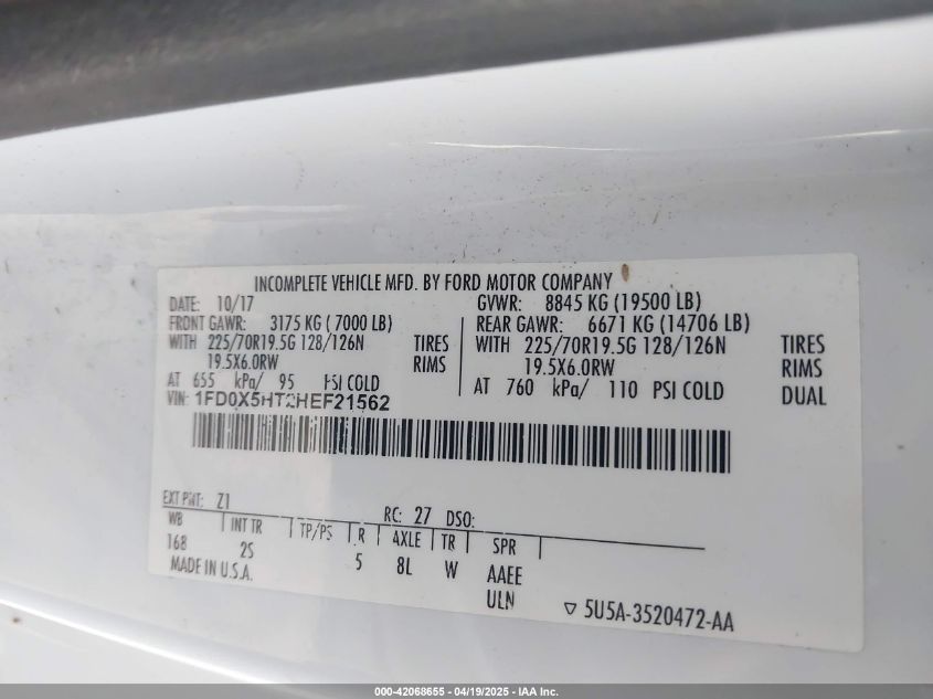 2017 Ford F-550 Chassis Xlt VIN: 1FD0X5HT2HEF21562 Lot: 42846589