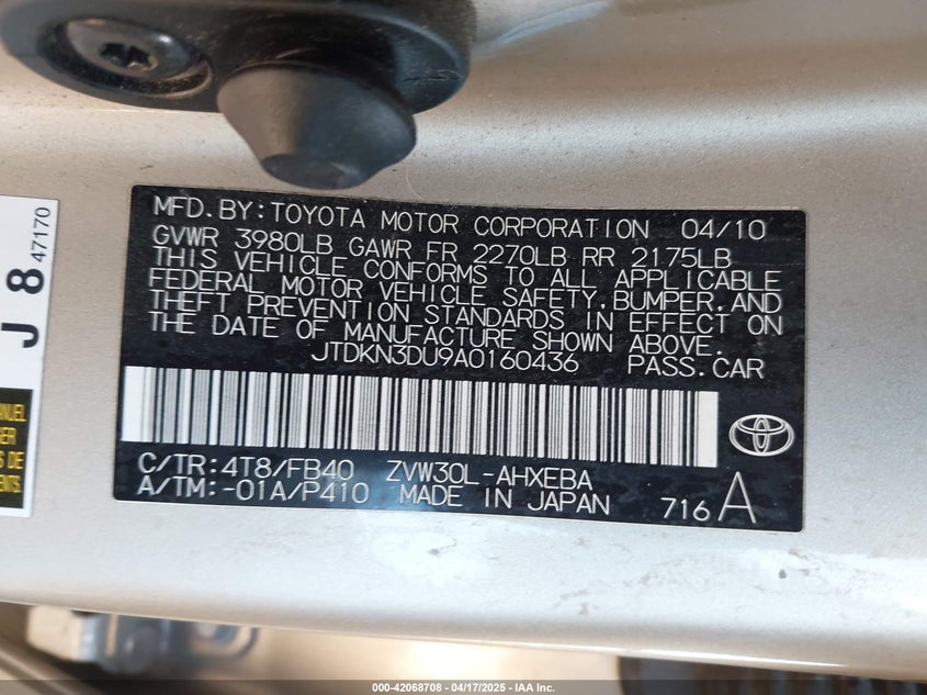 2010 TOYOTA PRIUS VIN: JTDKN3DU9A0160436