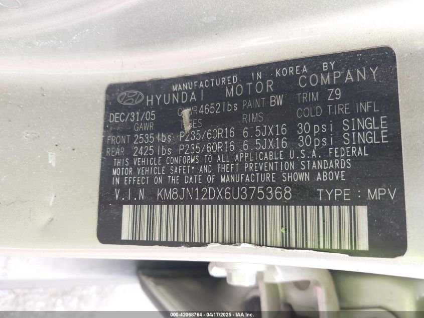 2006 Hyundai Tucson Gls/Limited VIN: KM8JN12DX6U375368 Lot: 42068764