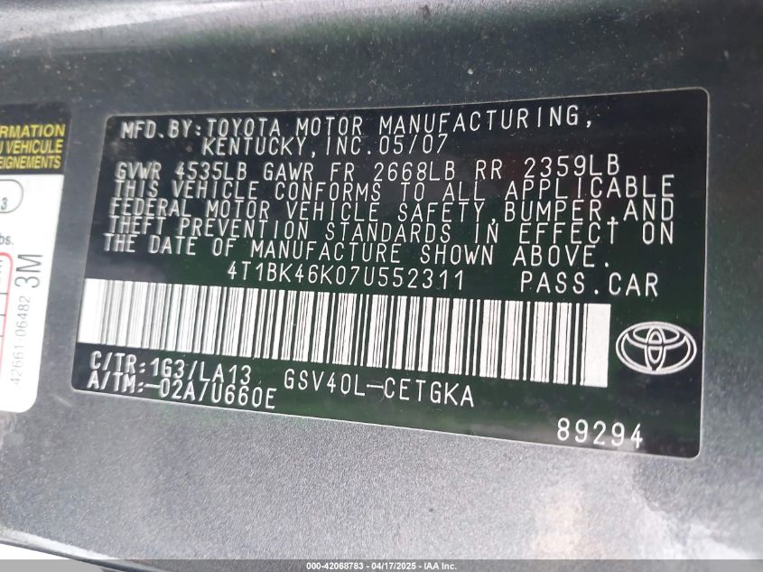 2007 Toyota Camry Xle V6 VIN: 4T1BK46K07U552311 Lot: 42068783