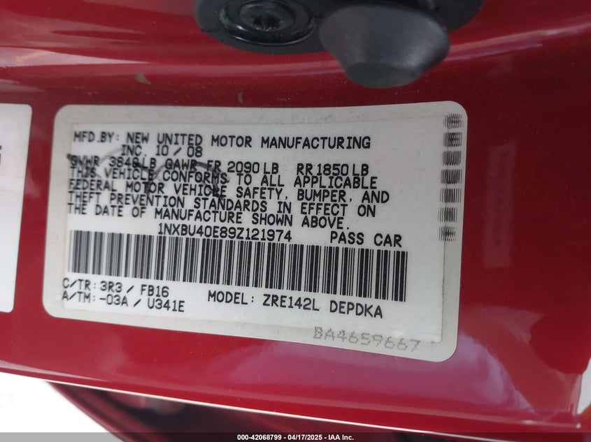 2009 TOYOTA COROLLA VIN: 1NXBU40E89Z121974