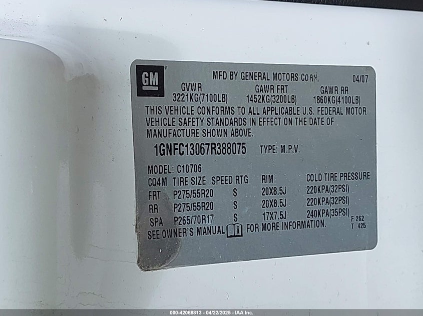 2007 Chevrolet Tahoe Lt VIN: 1GNFC13067R388075 Lot: 42068813