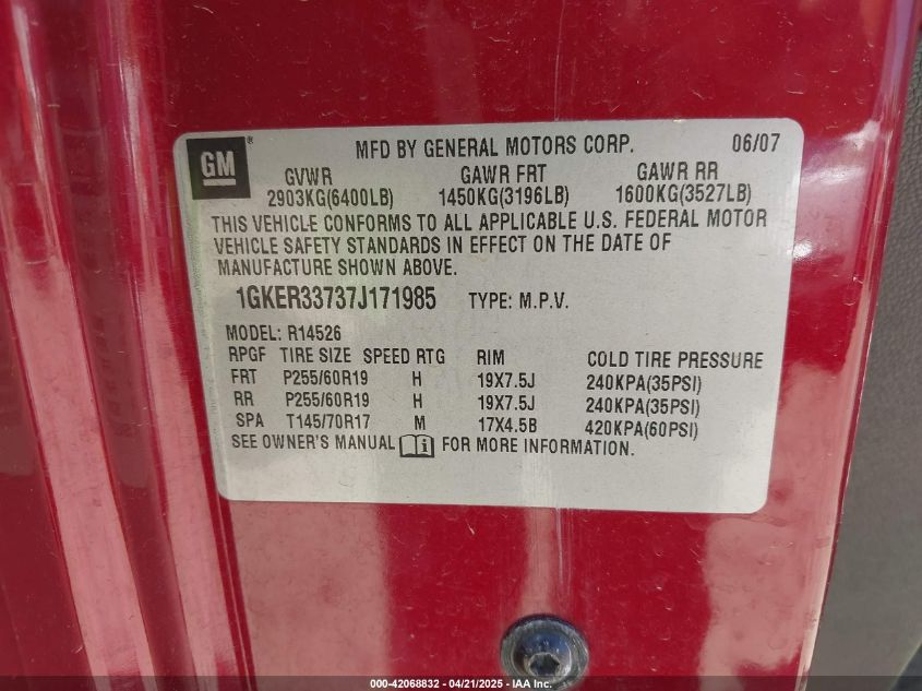 2007 GMC Acadia Slt-1 VIN: 1GKER33737J171985 Lot: 42068832
