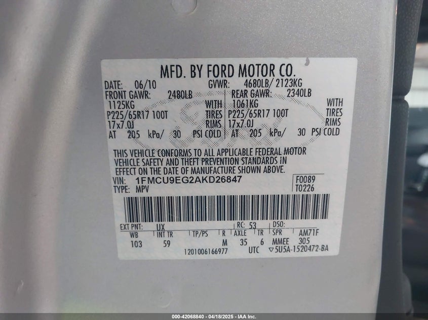 2010 FORD ESCAPE VIN: 1FMCU9EG2AKD26847