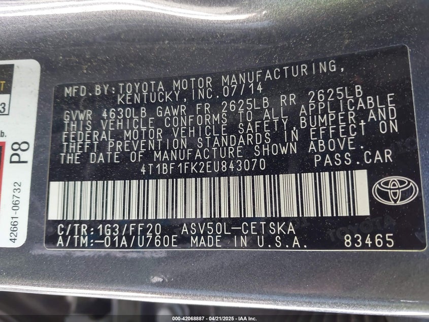 2014 TOYOTA CAMRY VIN: 4T1BF1FK2EU843070