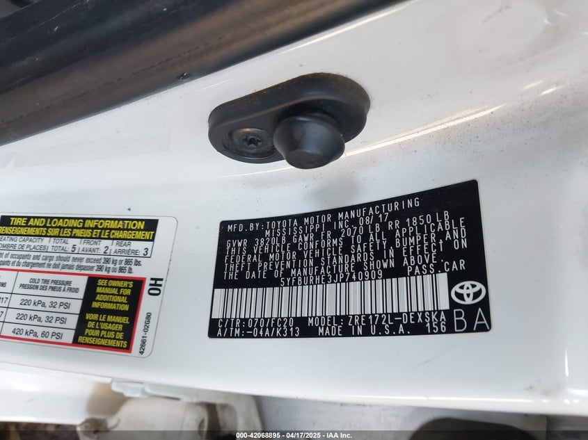 2018 TOYOTA COROLLA VIN: 5YFBURHE3JP740909