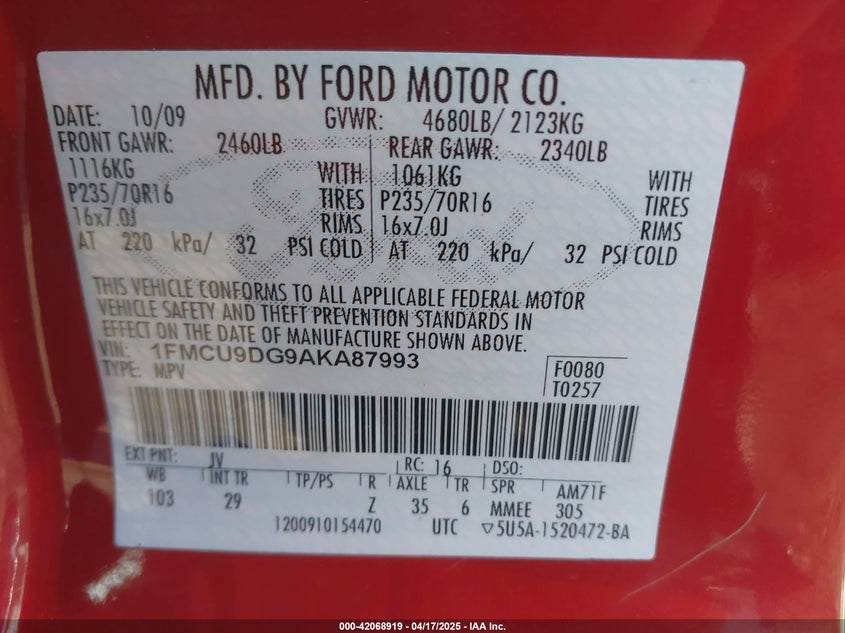 2010 FORD ESCAPE VIN: 1FMCU9DG9AKA87993