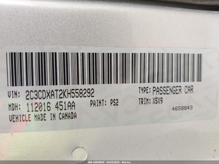 2019 DODGE CHARGER VIN: 2C3CDXAT2KH558292
