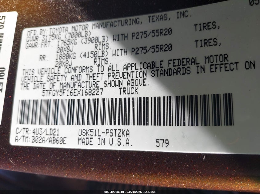 2014 TOYOTA TUNDRA 1794 5.7L V8 - 5TFGY5F16EX168227