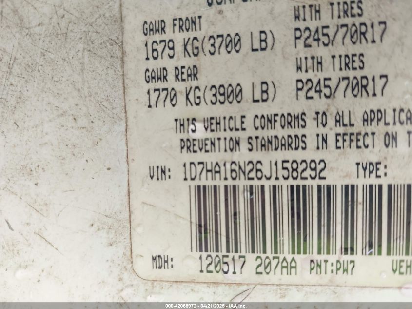 2006 Dodge Ram 1500 Slt VIN: 1D7HA16N26J158292 Lot: 42068972