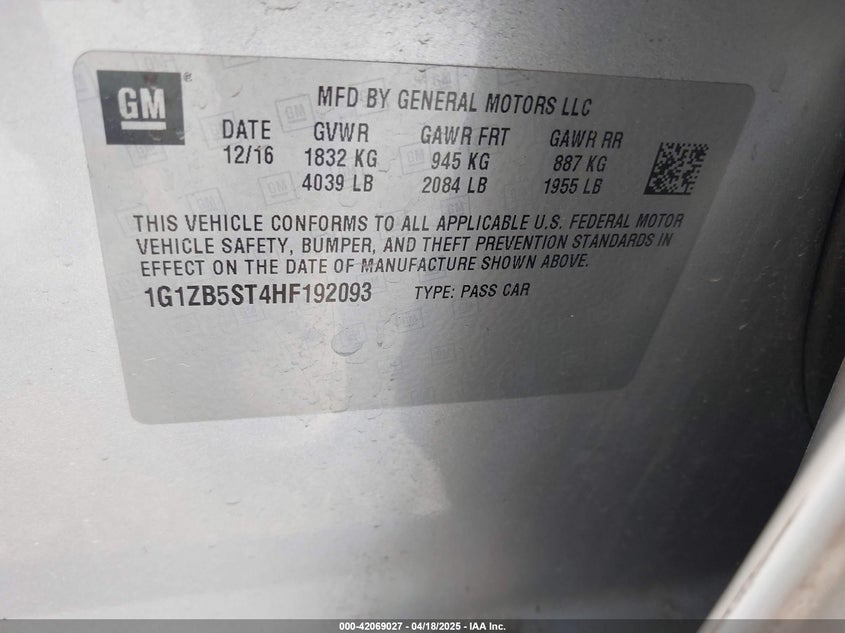 2017 CHEVROLET MALIBU VIN: 1G1ZB5ST4HF192093