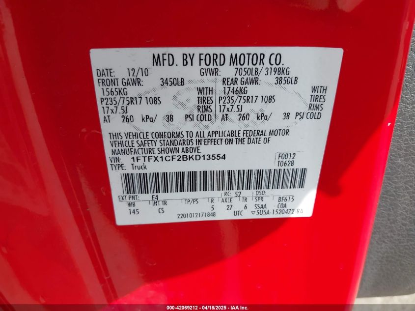 2011 Ford F-150 Xl VIN: 1FTFX1CF2BKD13554 Lot: 42069212