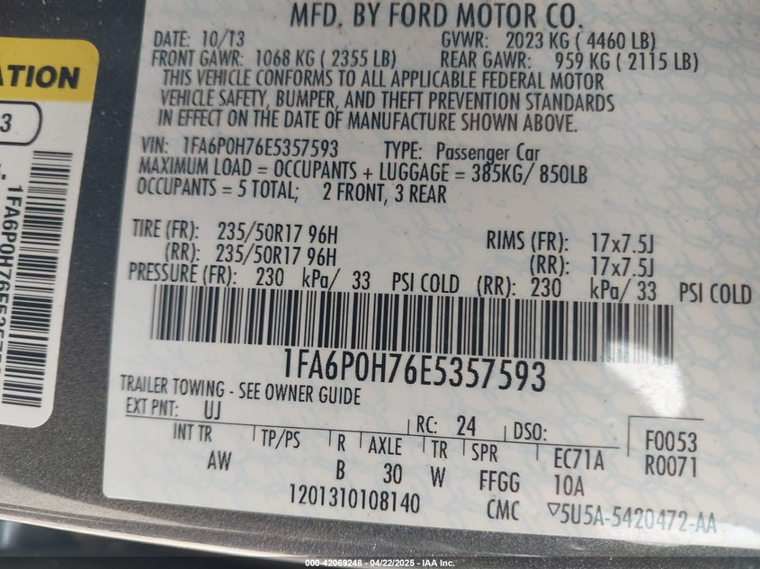 2014 FORD FUSION VIN: 1FA6P0H76E5357593