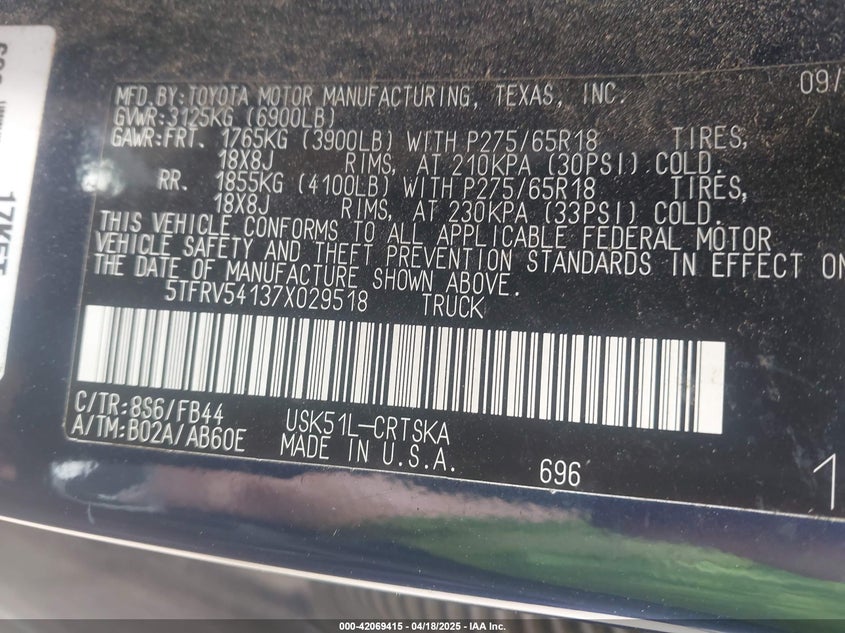 2007 TOYOTA TUNDRA VIN: 5TFRV54137X029518