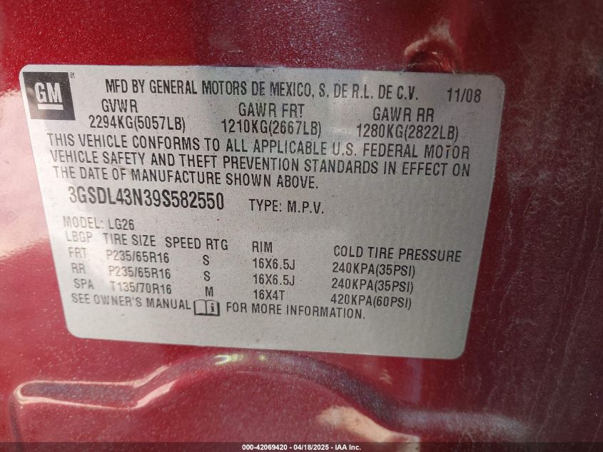 2009 Saturn Vue V6 Xe VIN: 3GSDL43N39S582550 Lot: 42069420