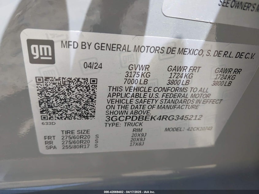 2024 CHEVROLET SILVERADO 1500 VIN: 3GCPDBEK4RG345212