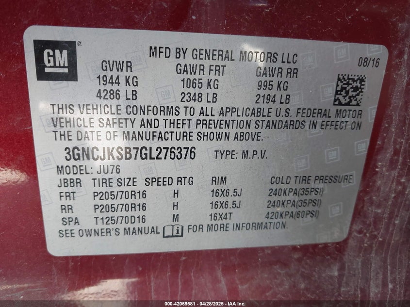 2016 CHEVROLET TRAX VIN: 3GNCJKSB7GL276376