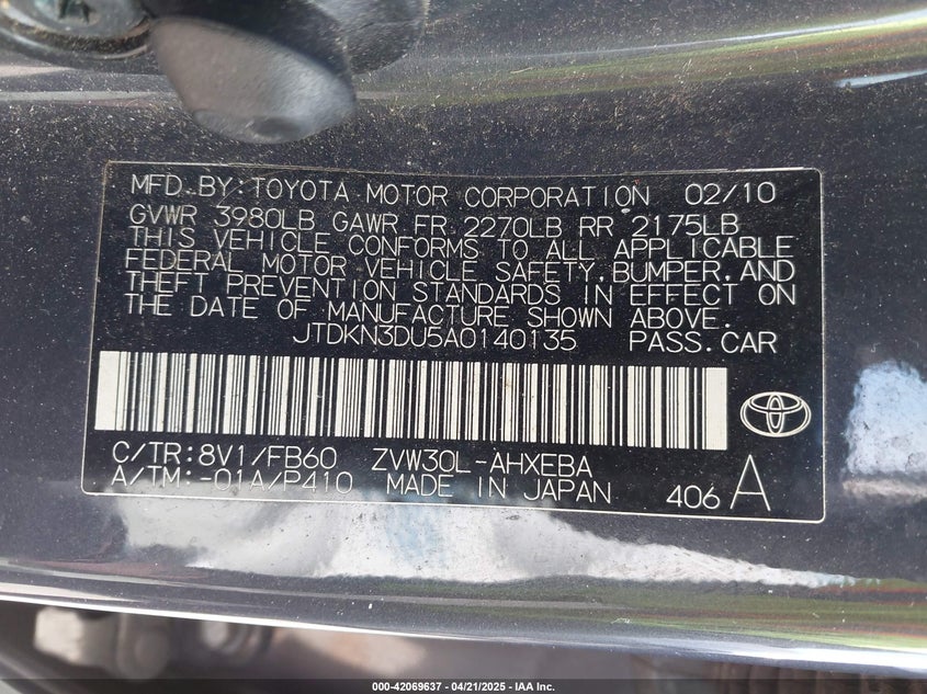 2010 TOYOTA PRIUS VIN: JTDKN3DU5A0140135