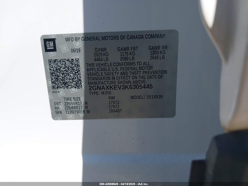 2019 CHEVROLET EQUINOX VIN: 2GNAXKEV3K6305445