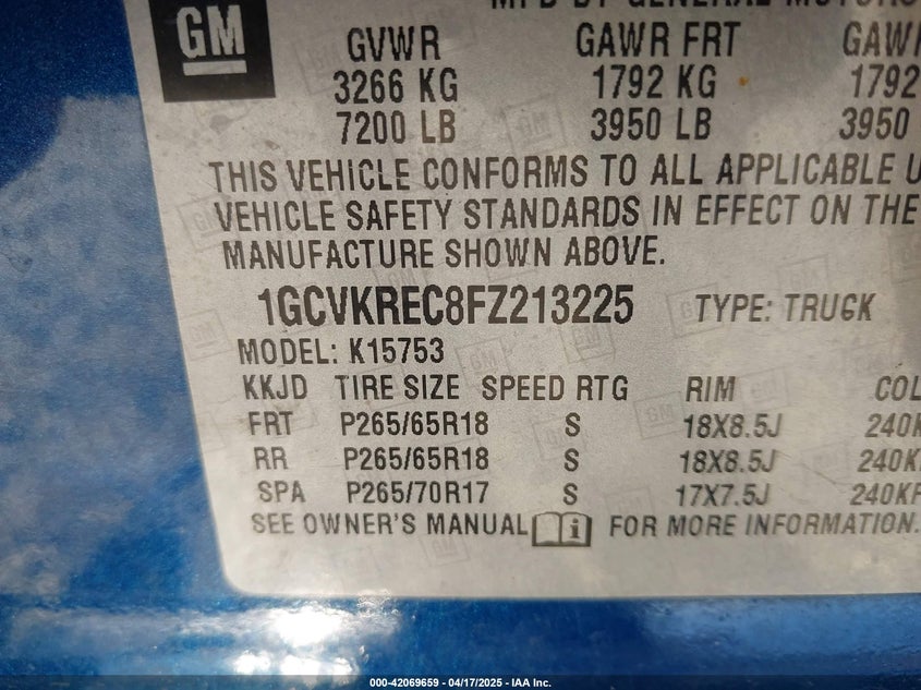2015 CHEVROLET SILVERADO 1500 VIN: 1GCVKREC8FZ213225
