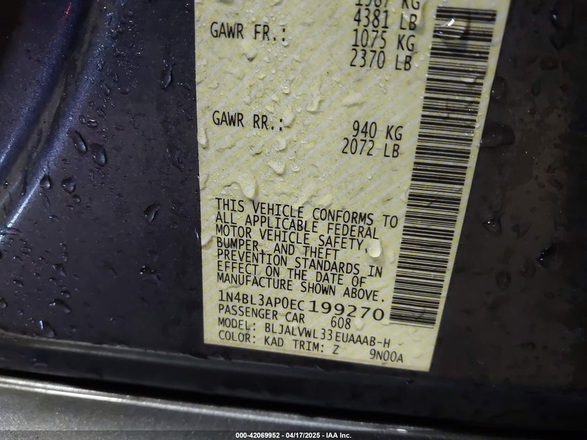 2014 NISSAN ALTIMA VIN: 1N4BL3AP0EC199270