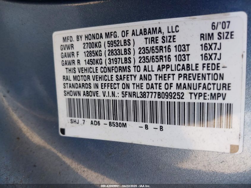 2007 Honda Odyssey Ex-L VIN: 5FNRL38777B099252 Lot: 42069961