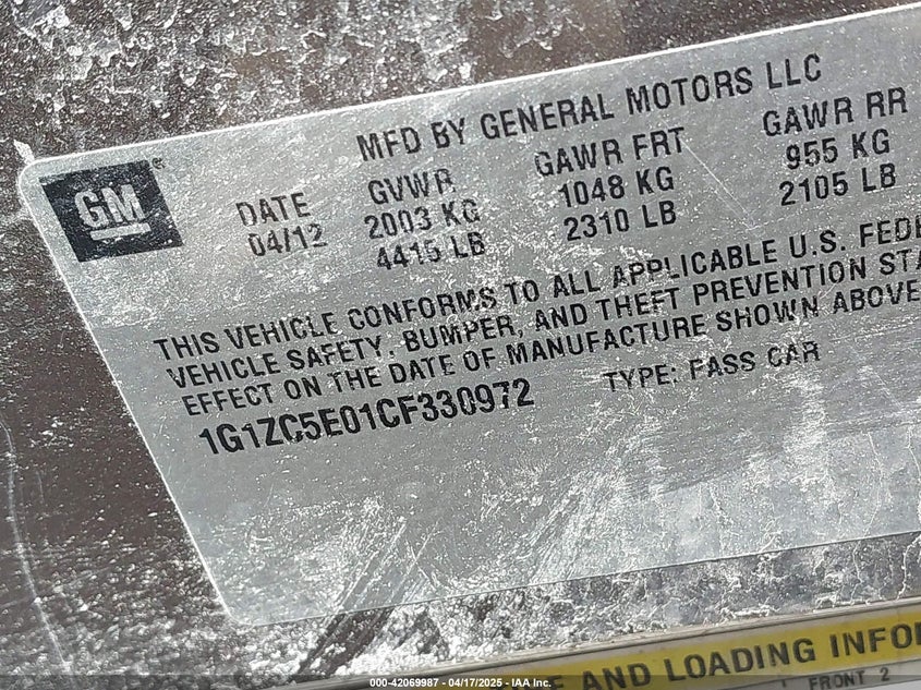 2012 CHEVROLET MALIBU VIN: 1G1ZC5E01CF330972