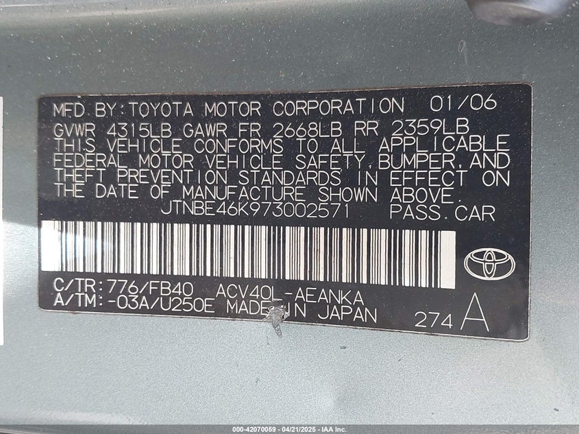 2007 TOYOTA CAMRY VIN: JTNBE46K973002571