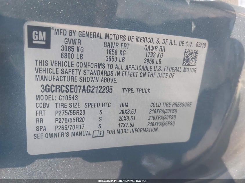 2010 CHEVROLET SILVERADO 1500 VIN: 3GCRCSE07AG212295