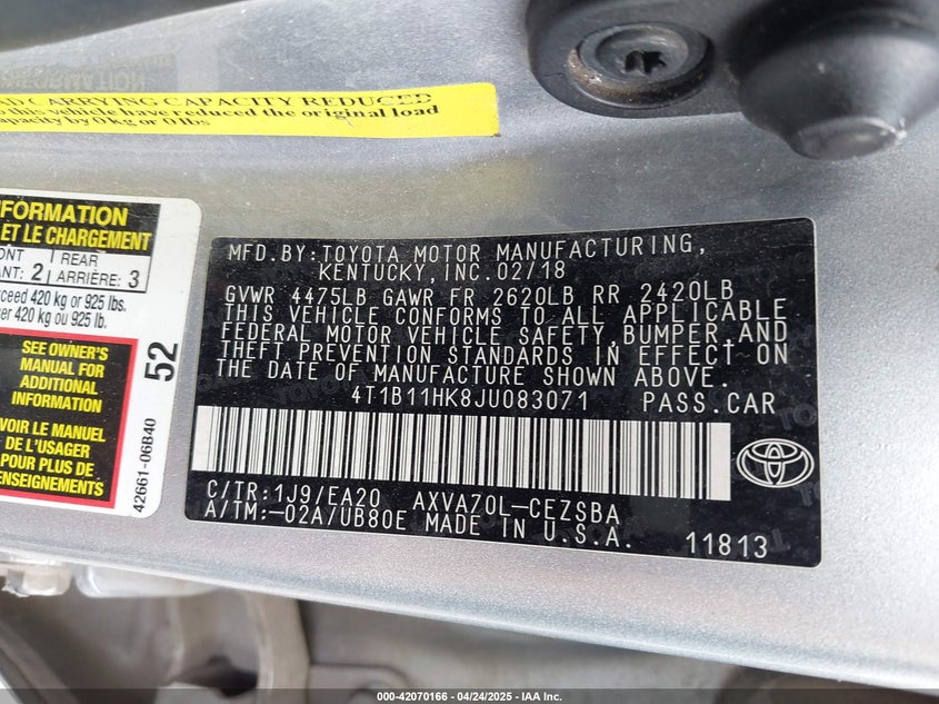 2018 TOYOTA CAMRY VIN: 4T1B11HK8JU083071