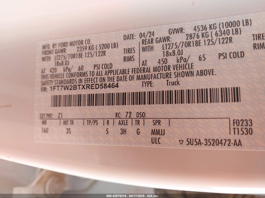 2024 FORD F-250 VIN: 1FT7W2BTXRED58464