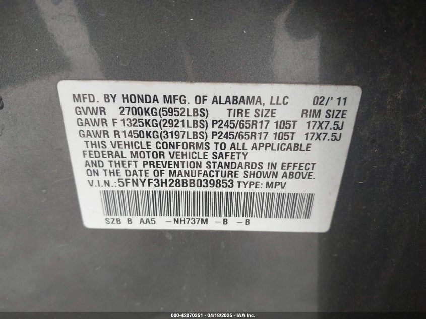 2011 HONDA PILOT VIN: 5FNYF3H28BB039853