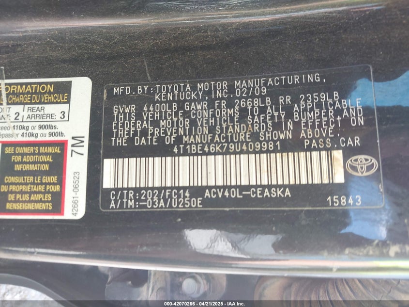2009 TOYOTA CAMRY VIN: 4T1BE46K79U409981