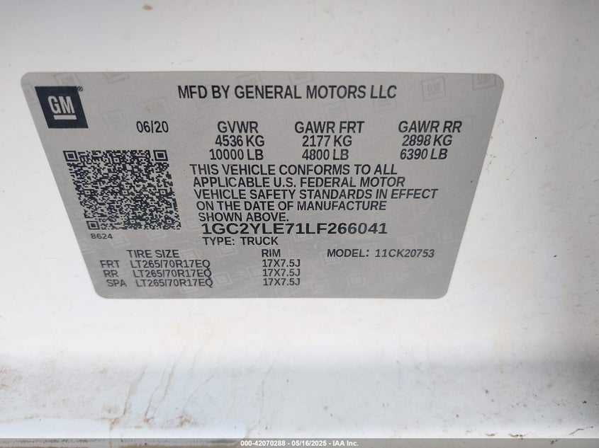 2020 CHEVROLET SILVERADO 2500HD VIN: 1GC2YLE71LF266041