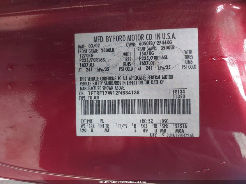 2002 Ford F-150 Xl/Xlt VIN: 1FTRF17W12NB34138 Lot: 42070485