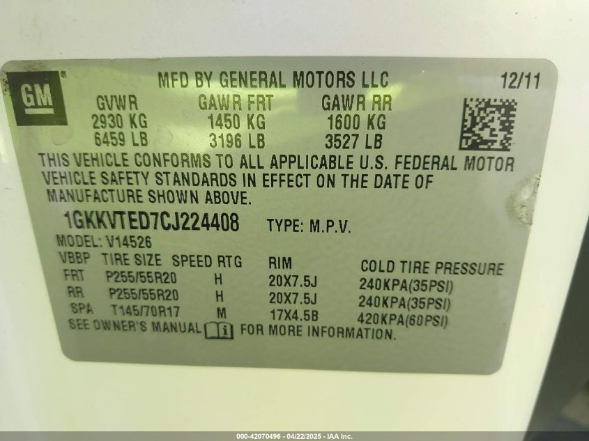 2012 GMC Acadia Denali VIN: 1GKKVTED7CJ224AD8 Lot: 42070496